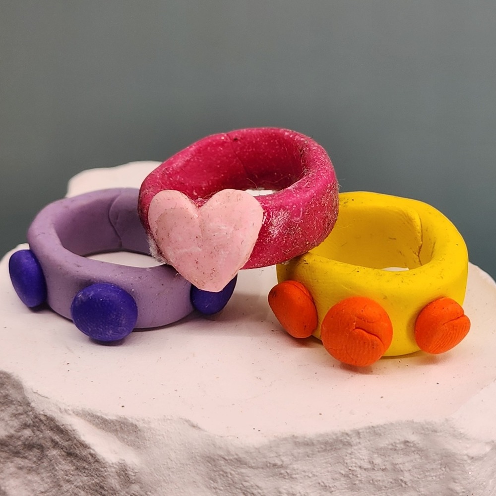 3 Handmade Clay Statement Rings Heart Polka Dot Pink Purple Yellow Whimsical Lot